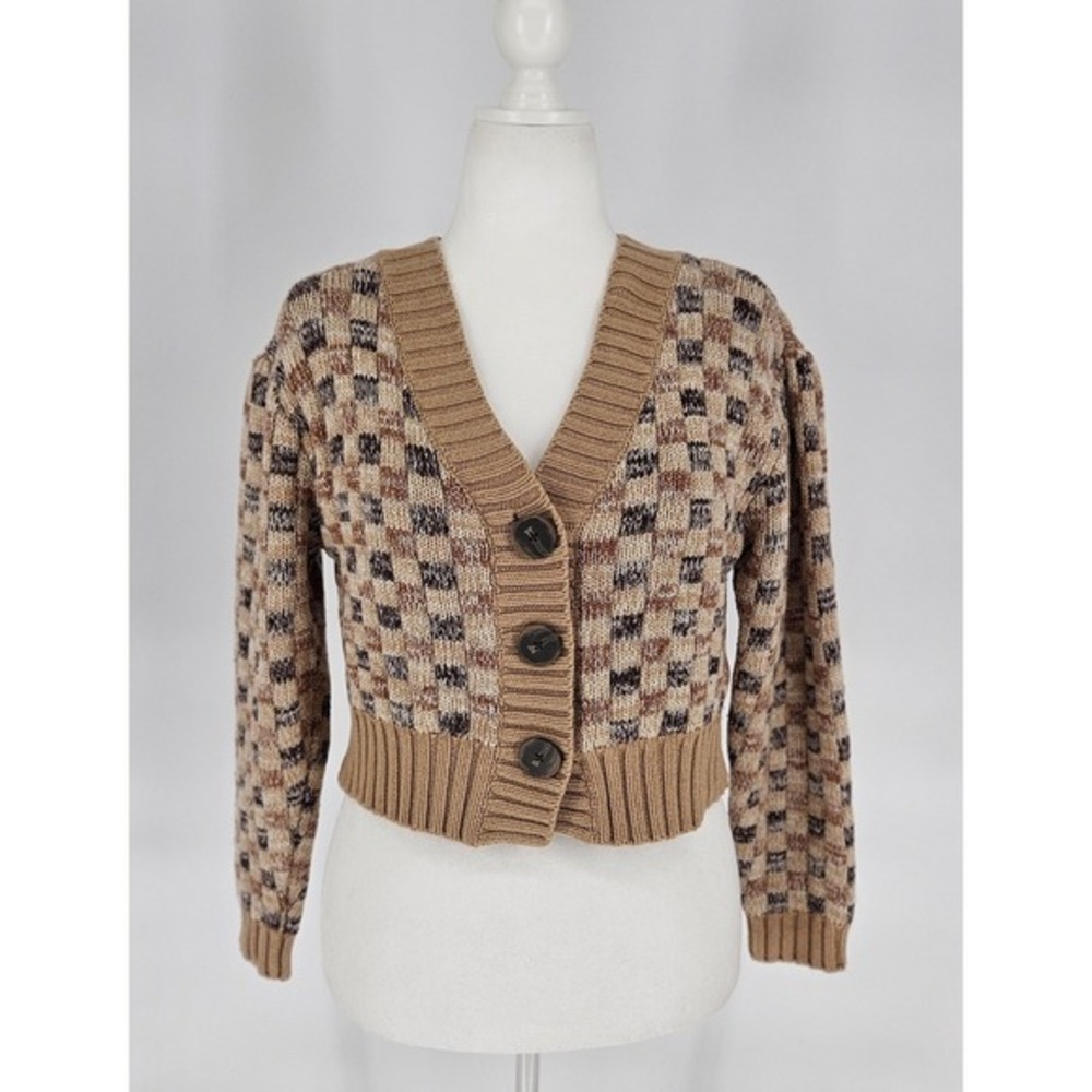 Rebecca Taylor Cardigan Women L Brown Checkered Merino Wool Cashmere‎ Cropped